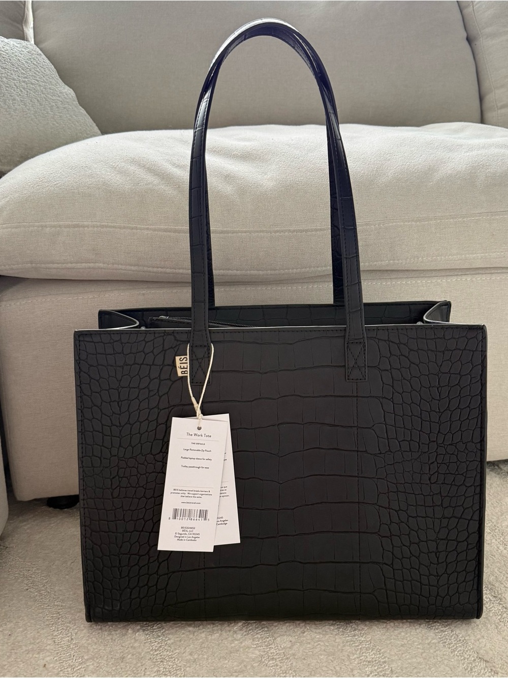 NEW- Beis The Work Tote in Black Croc